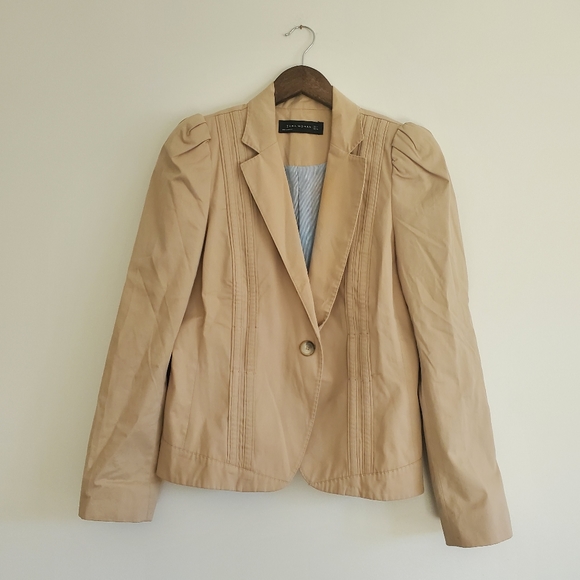 ZARA | Collared Puff Shoulder Single Breasted Beige Blazer Jacket (Size S/M) - Picture 7 of 13